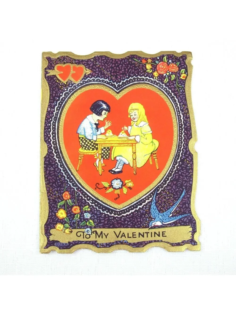 Vintage Valentine Die cut Fold Card Boy & Girl Gold Embossed 1920s-30s UNSIGNED